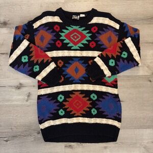 Vintage 90s Cube Oversized Aztec Pullover Knit Sweater Small‎ Multicolor (19X30)
